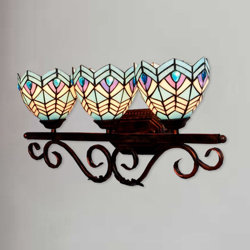 Stained Glass Peacock Wall Light 3 Lights Tiffany Classic Wall Sconce in Pink/Orange/Blue for Bedroom Lighting