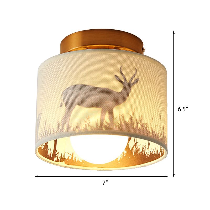 Fabric Cylinder Flush Mount Fixture with Flower/Deer Pattern Nordic 1 Bulb Flush Mount Ceiling Light for Foyer