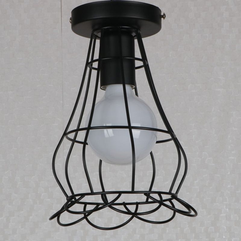 Black 1-Light Semi Flush Ceiling Light in Industrial Vintage Style Wrought Iron Flush Mount with Iron Frame