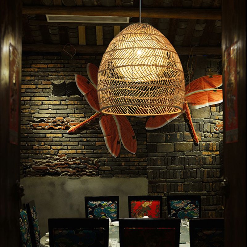 Basket Pendant Lighting Fixture Asian Rattan Beige Hanging Light Fixture for Restaurant