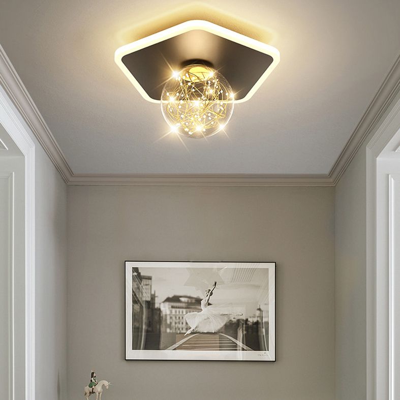Stylish Modern Flush Mount Lamp Black Starry Ceiling Fixture with Ball Glass Shade for Hallway