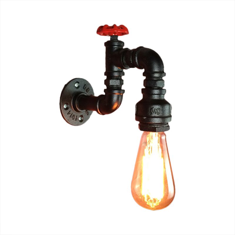 Black 1 Head Wall Sconce Light Rustic Industrial Metal Pipe Wall Lamp with Red Faucet Valve for Living Room