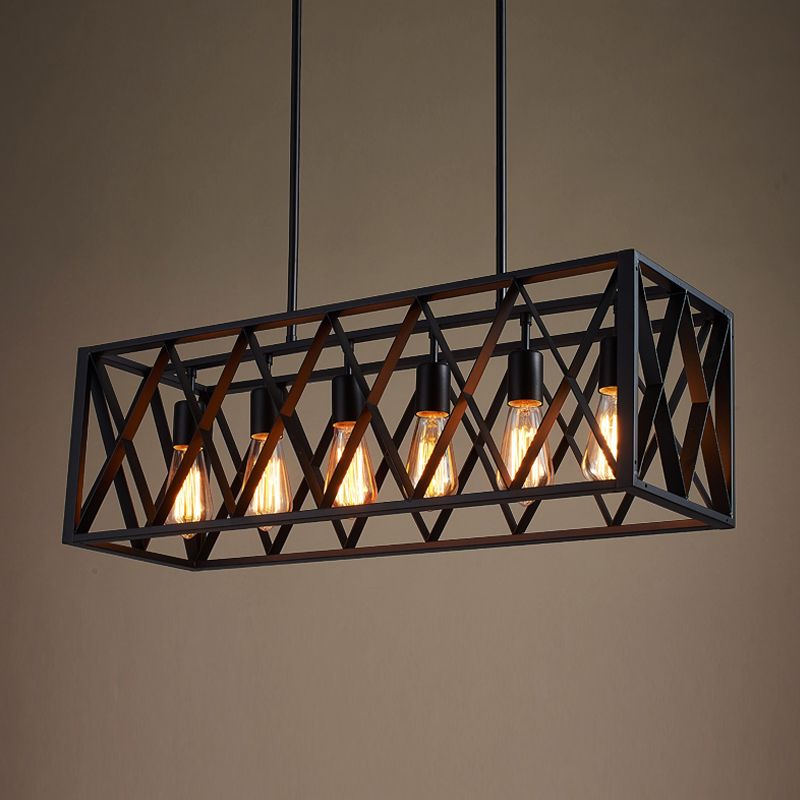 Wrought Iron Black Hanging Light Fixture Rectangular Industrial Style Island Lighting for Bar