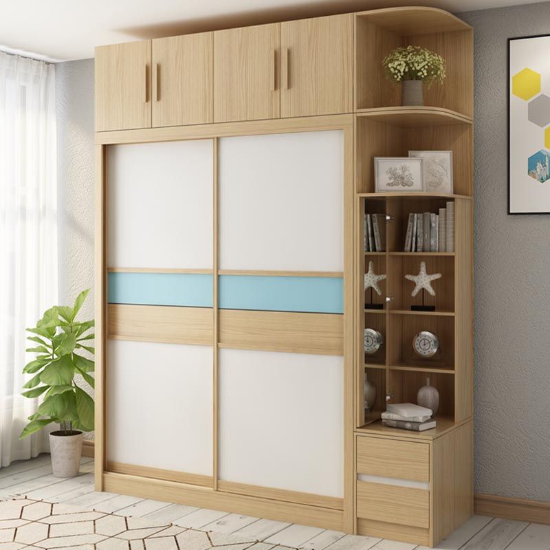 Modern Natural Wardrobe Armoire Engineered Wood Wardrobe with Drawer