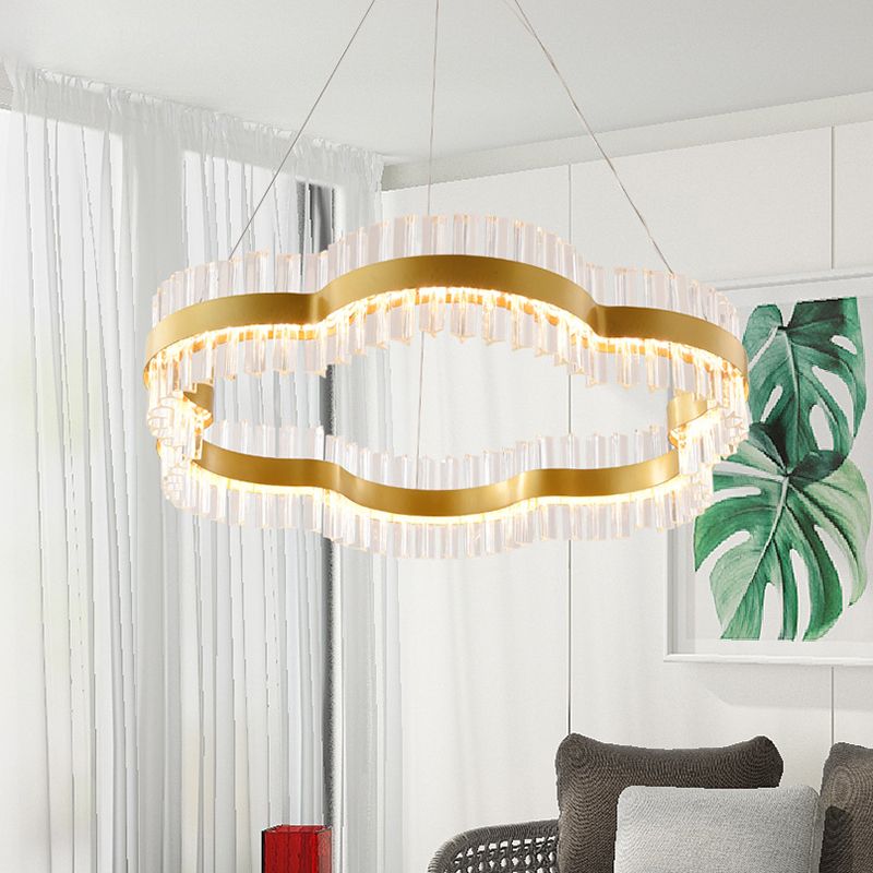 1/2 Tiers Flower Living Room Ceiling Chandelier Crystal 23.5"/31.5" Wide Led Minimalist Hanging Light Kit in Black/Gold