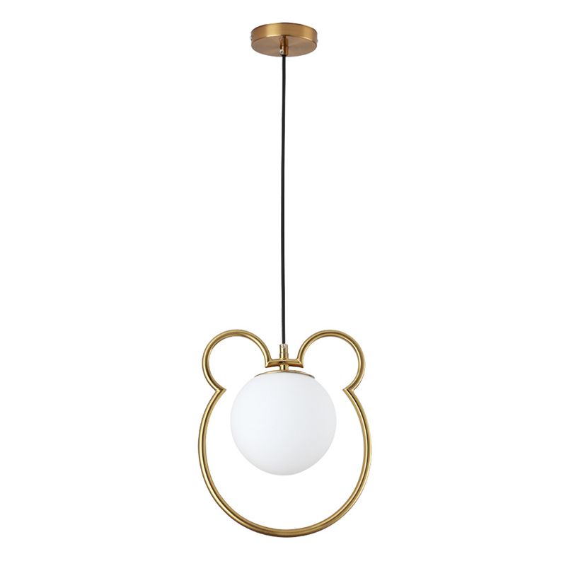 Nordic Minimalism Little Bear Lines Frame Hanging Light with White Glass Ball Shade Mini Pendant Fixtures for Bedside