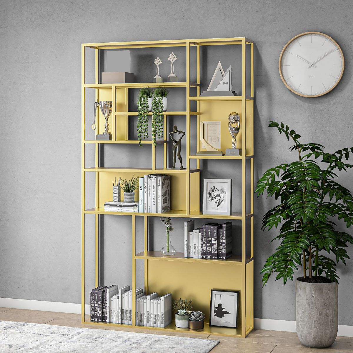 Gold and Black Floor Book Shelf Open Shelf Bookcase with Shelves