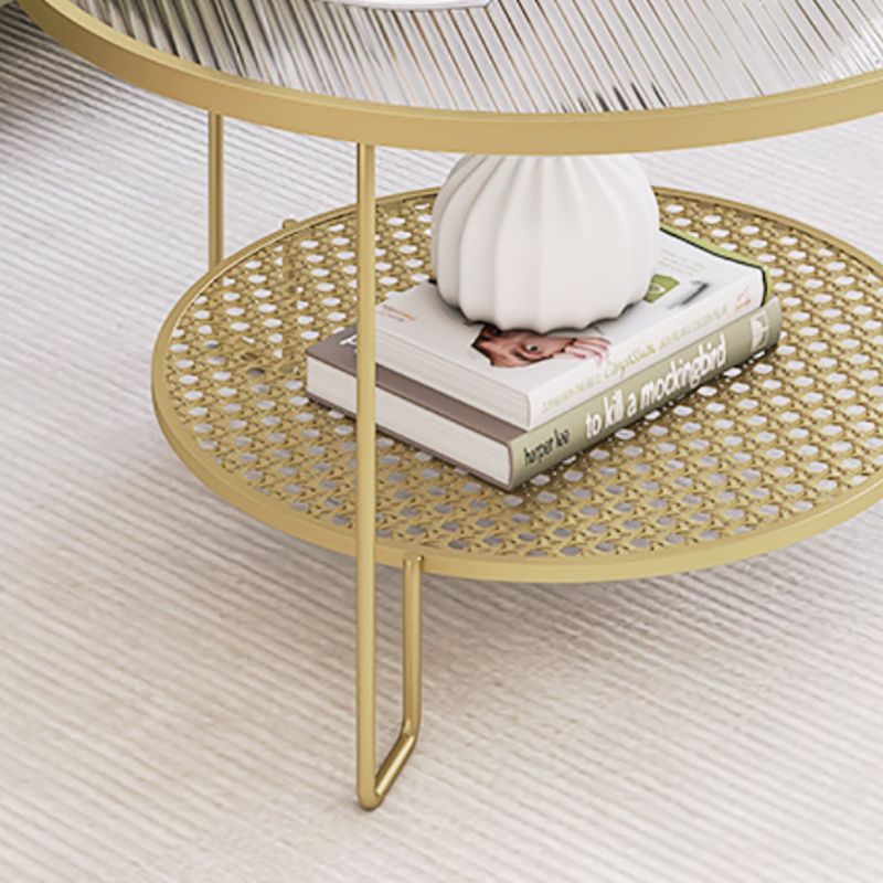 Modern Round Glass Top Coffee Table with 3 Iron Legs and Shelf