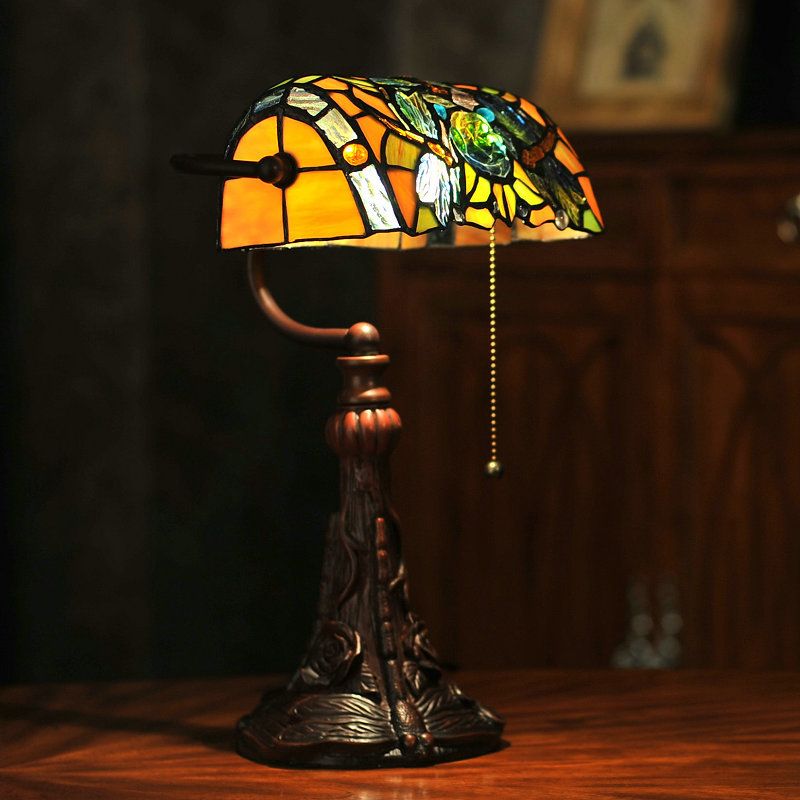 Dragonfly and Flower Cut Glass Banker Lighting Tiffany Style 1-Light Yellow Pull Chain Nightstand Lamp