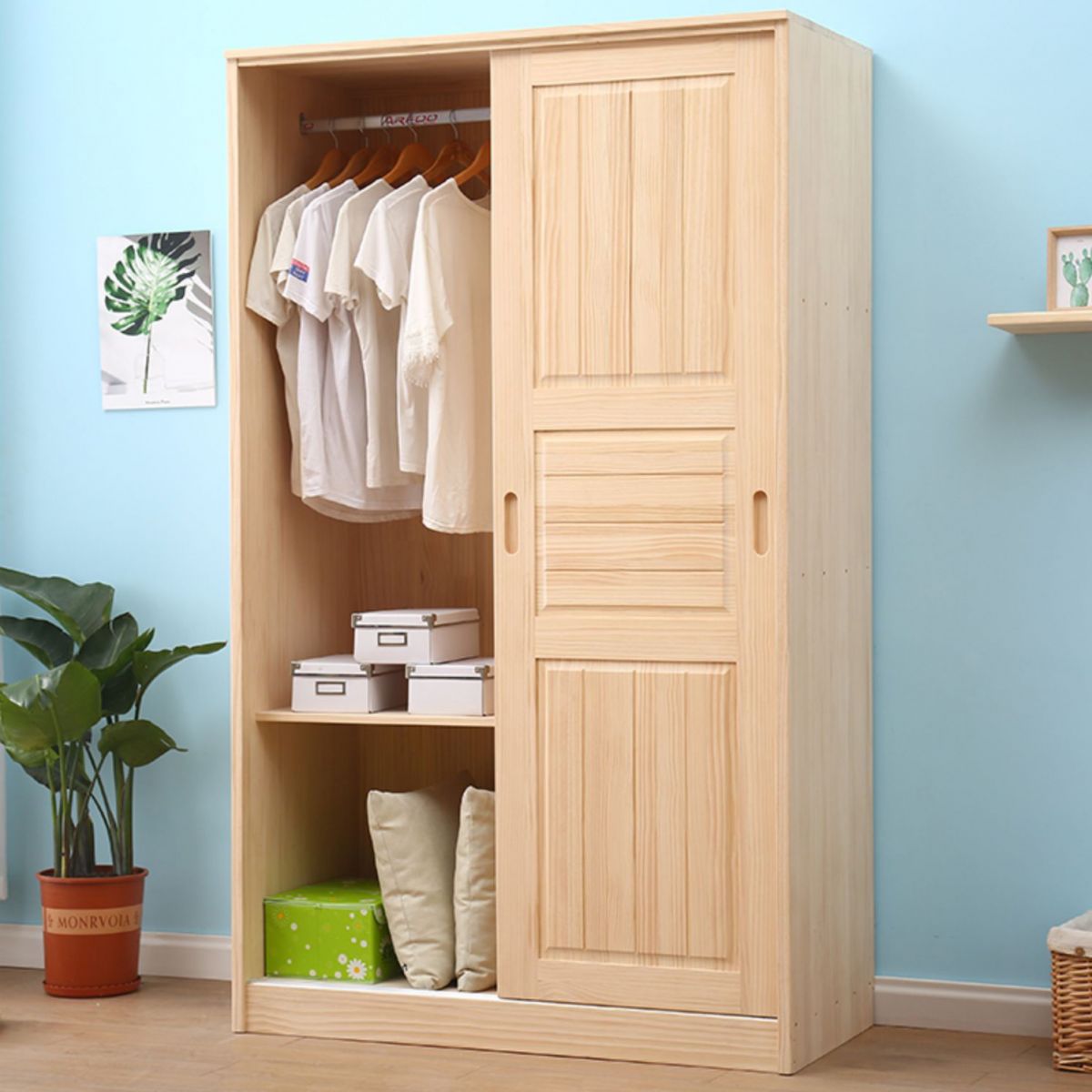 Modern Freestanding Wardrobe Pine Solid Wood Wardrobe with Drawer