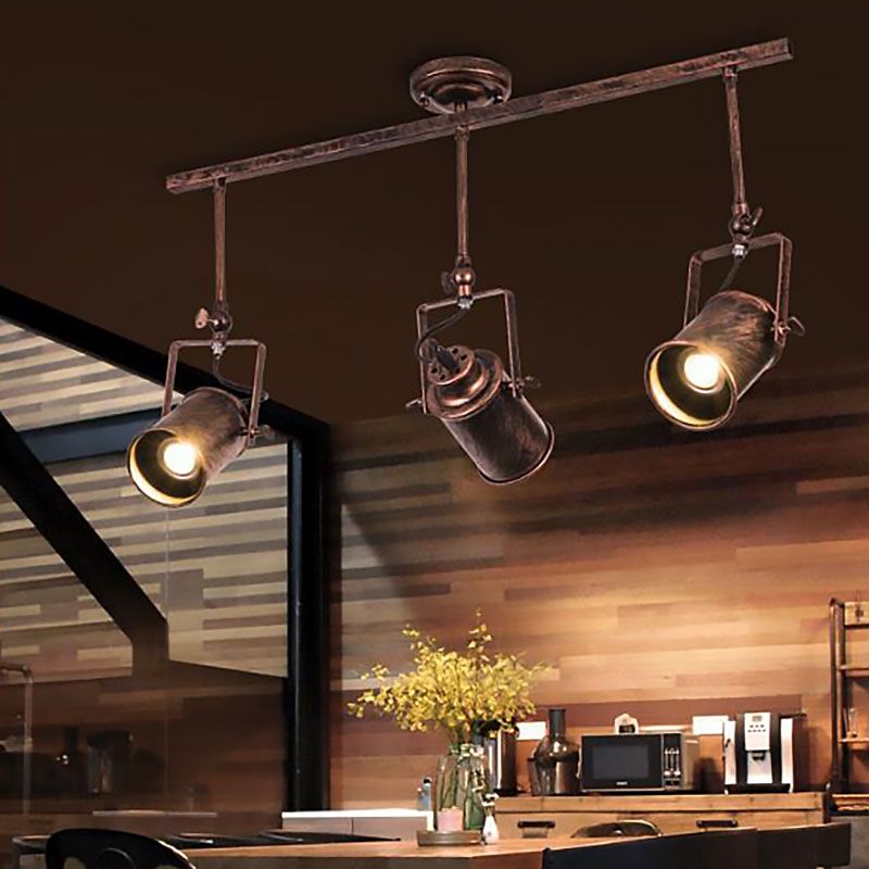 Luz de riel cilíndrica de estilo antiguo, lámpara de techo semiempotrada de hierro forjado de 1/2/3 luces en óxido oscuro para cafetería