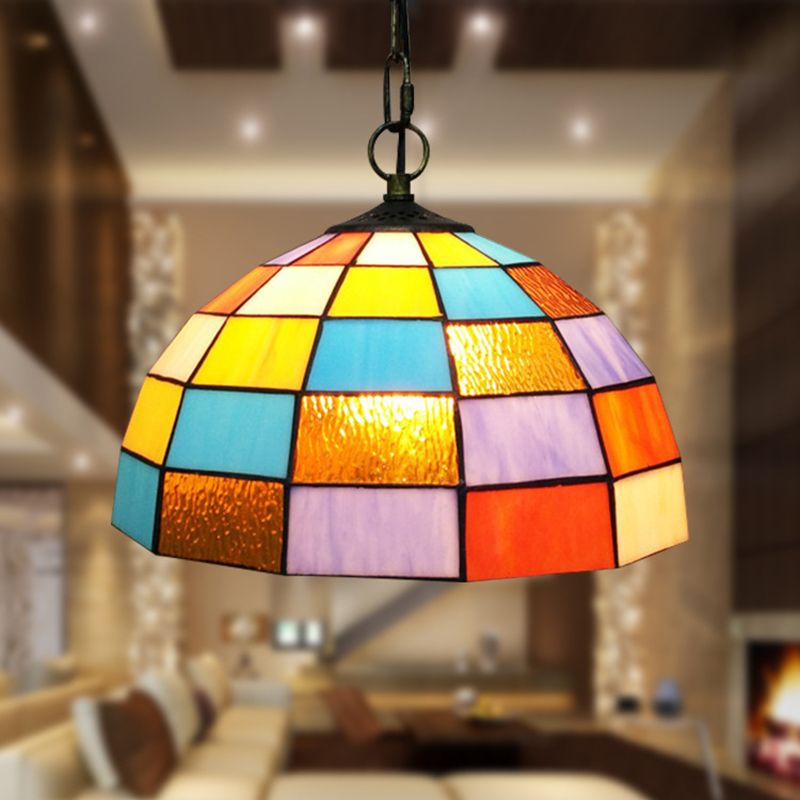 1 Light Living Room Hanging Ceiling Light Baroque Black Pendant with Domed Orange Cut Glass Shade