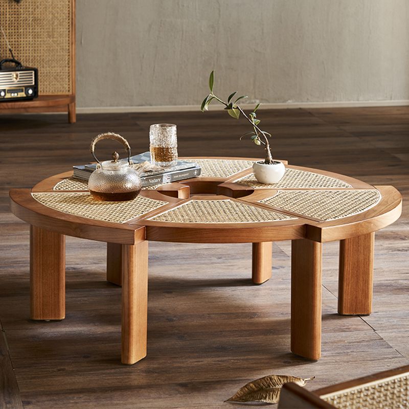 12.9"H Modern 6 Legs Wooden Rattan Round Coffee Table for Apartment