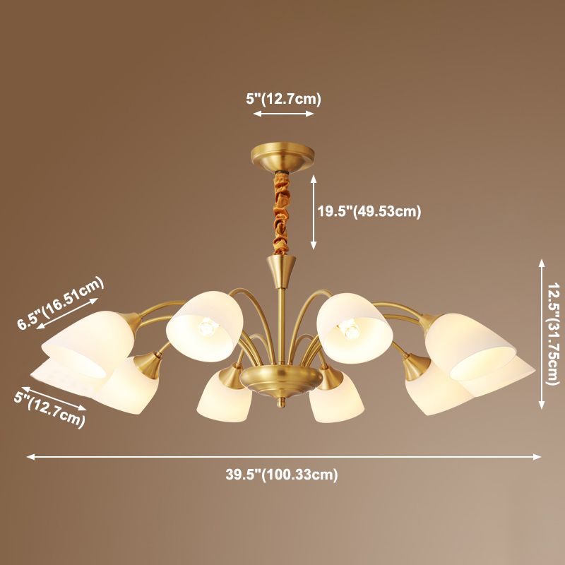 Assiettes d'éclairage Bell Chandelier Style American Multi-Head Suspension Lumière avec une teinte en verre blanche