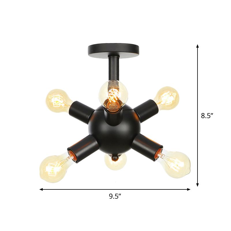 Metallic Sputnik Semi Flush Light Fixture Industrial 6/9/12 Bulbs Coffee House Flush Mount Lamp in Black