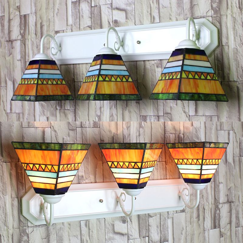 Pyramid Stained Glass Sconce Light Fixture Tiffany 3 Heads Orange Wall Mount Light