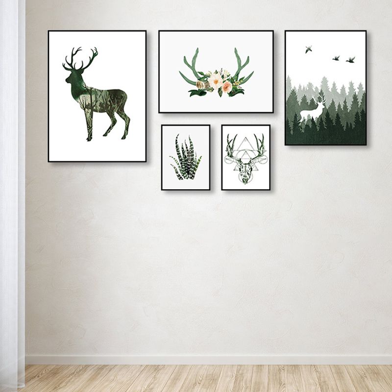 Wild Reindeer Canvas Print Multi-Piece Children's Art House Interior Wall Decor in Green