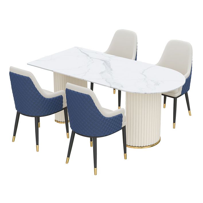 Irregular Island Sintered Stone Dining Table Modern Table in White with Metal Double Pedestal