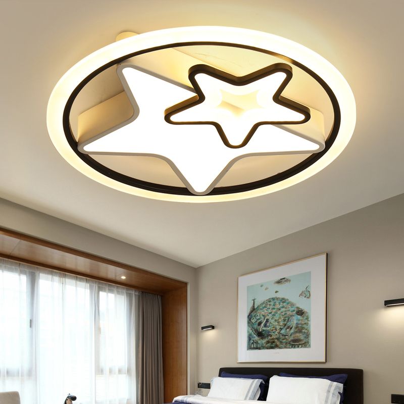 Star Kids Bedroom Ceiling Lamp Metal Cartoon LED Round Flush Light Fixture in Black