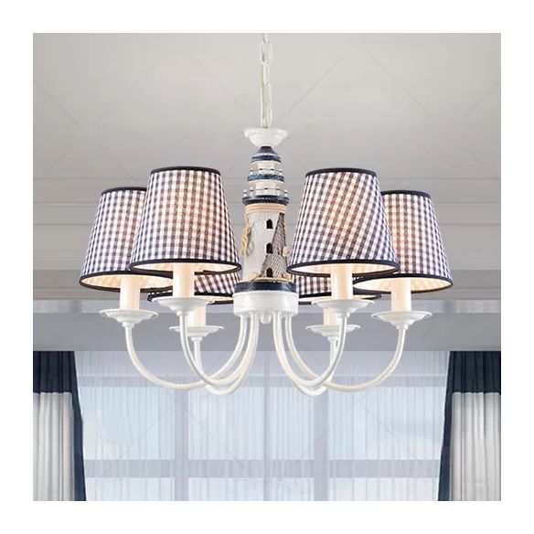 Kids Blue Pendant Light with Plaid Shade Lighthouse 6 Lights Metal Chandelier for Child Bedroom