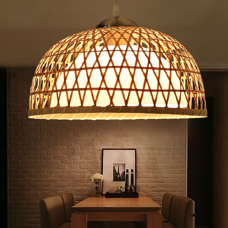 Modern Dome Pendant Lighting Bamboo 1 Bulb Hanging Light Fixture in Wood for Dining Room