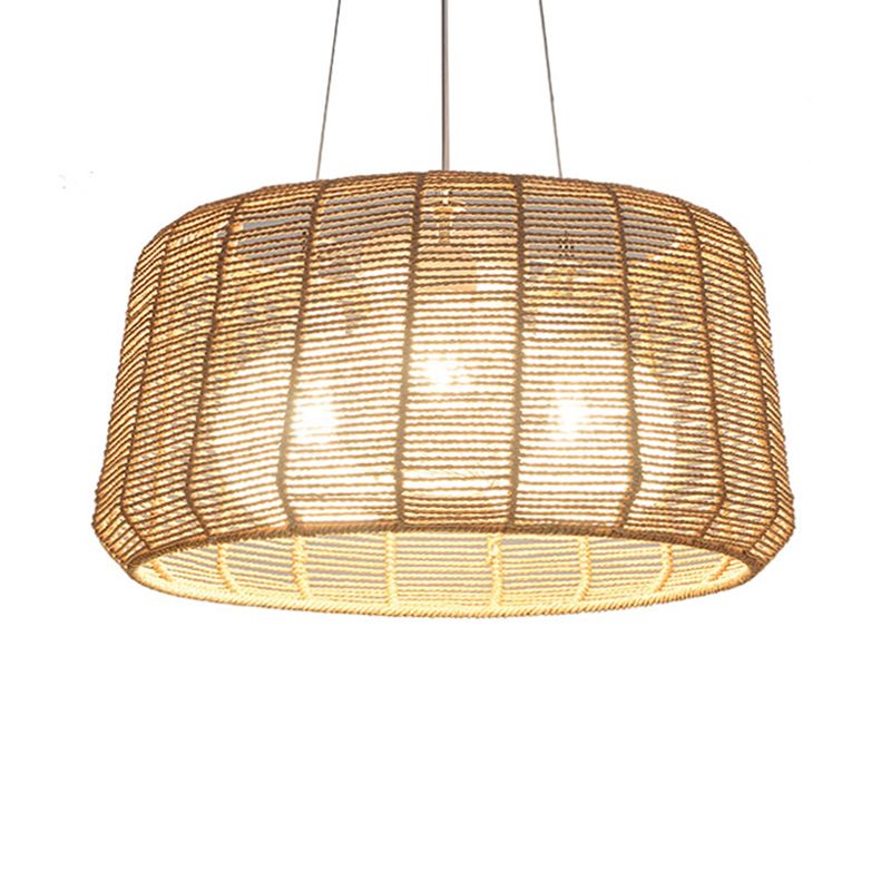 Rope Drum/Teardrop Ceiling Lamp Modern 1 Bulb Hanging Pendant Light in Wood for Living Room