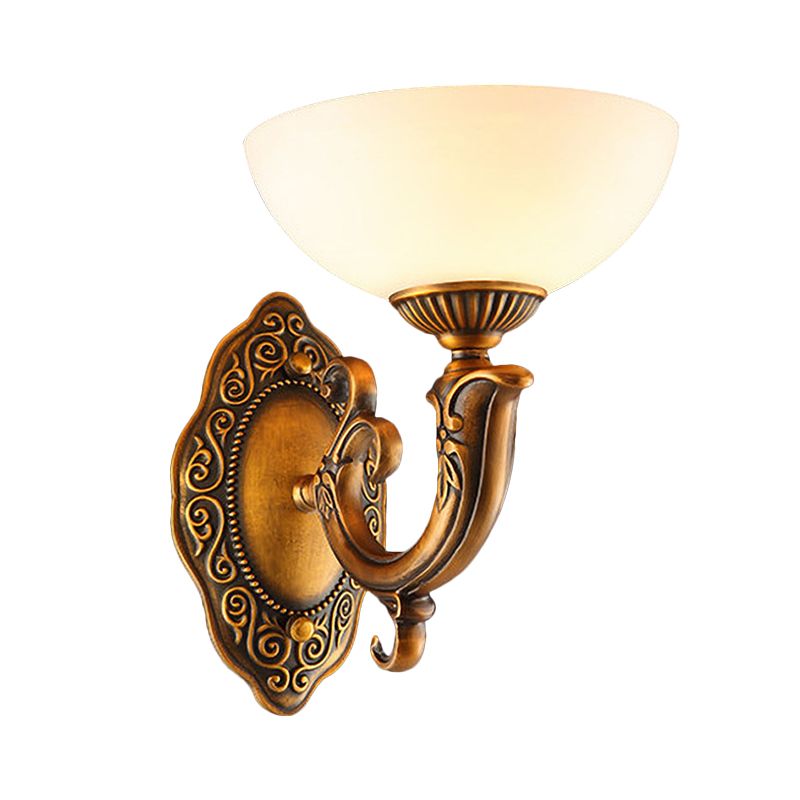 Rustic Swooping Arm Wall Light Sconce 1/2-Light Metal Wall Lighting Ideas in Brass with Bowl Frosted Glass Shade