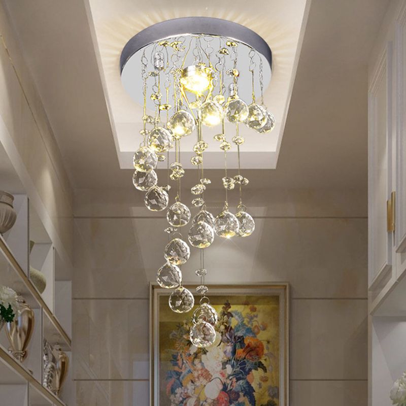 1-Bulb Ceiling Flush Light Modern Twisted Crystal Orb Flush-Mount Light Fixture in Nickel