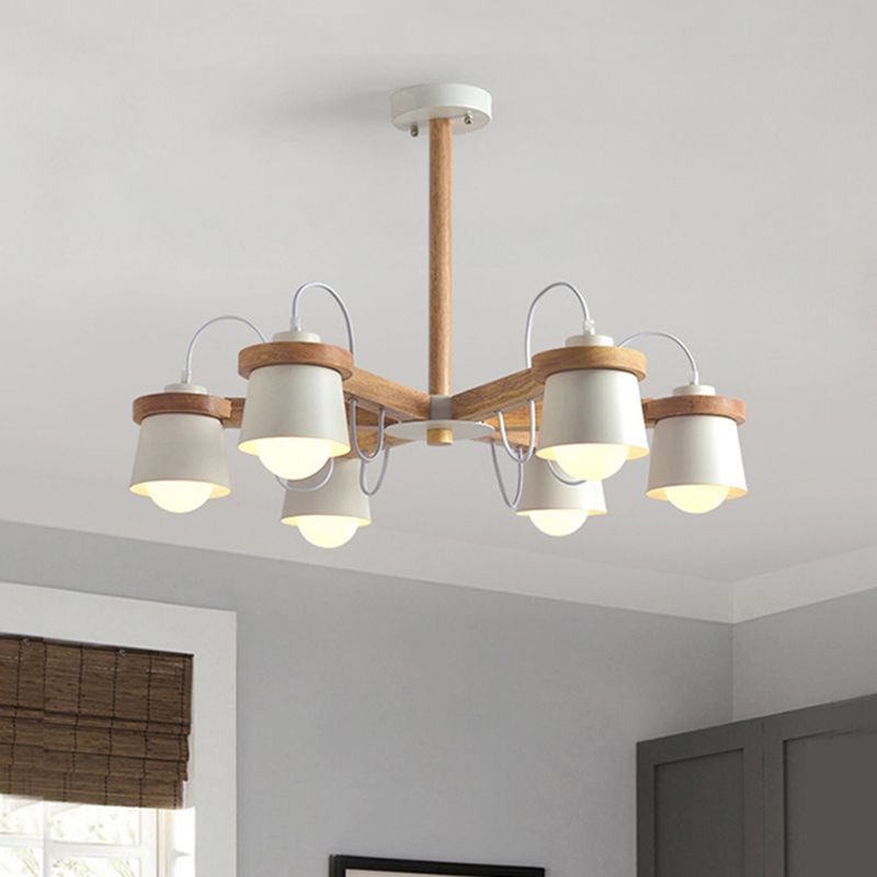 Estilo de rueda Semi Flush Nordic 6 Bulbos Araña de montaje de techo blanco con pantalla de lámpara de barril