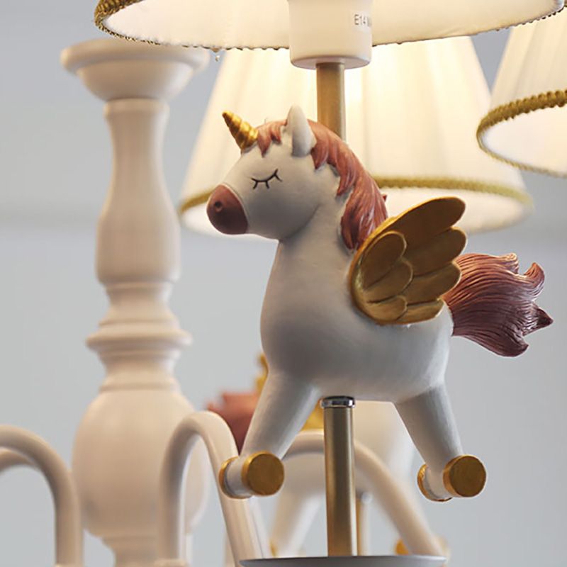 Kids White Pendant Light Unicorn 5 Bulbs Metal Chandelier with Fabric Shade for Girls Bedroom