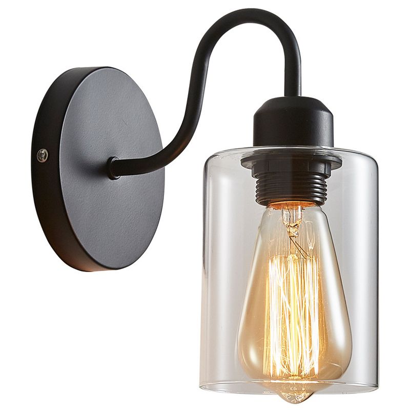 Metal Armed Wall Sconce Single Light Wall Lamp with Cylinder Glass Shade for Bedroom
