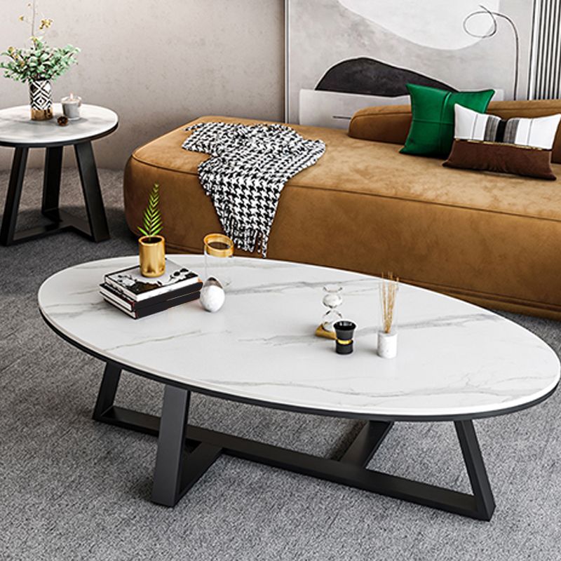 Oval Stone Top Coffee Table with Iron Cross Base Cocktail Table in White