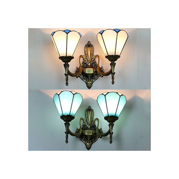 Stained Glass Cone Wall Sconce Light 2 Lights Vintage Loft Wall Mount Light in White/Blue for Bedroom