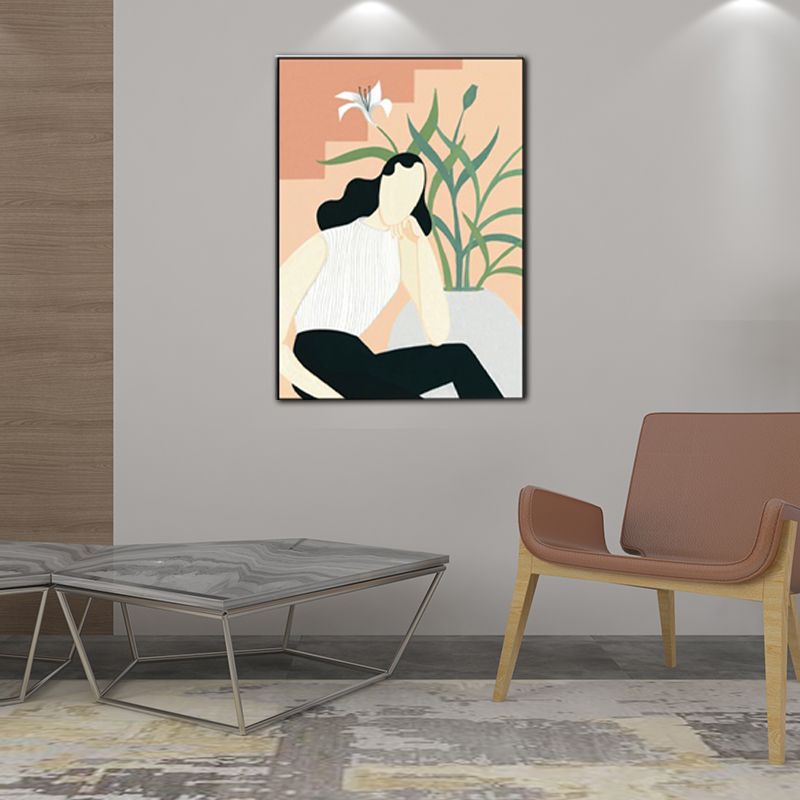 Modern Girl Portrait Painting Light-Color Bedroom Wall Art, Textured Surface