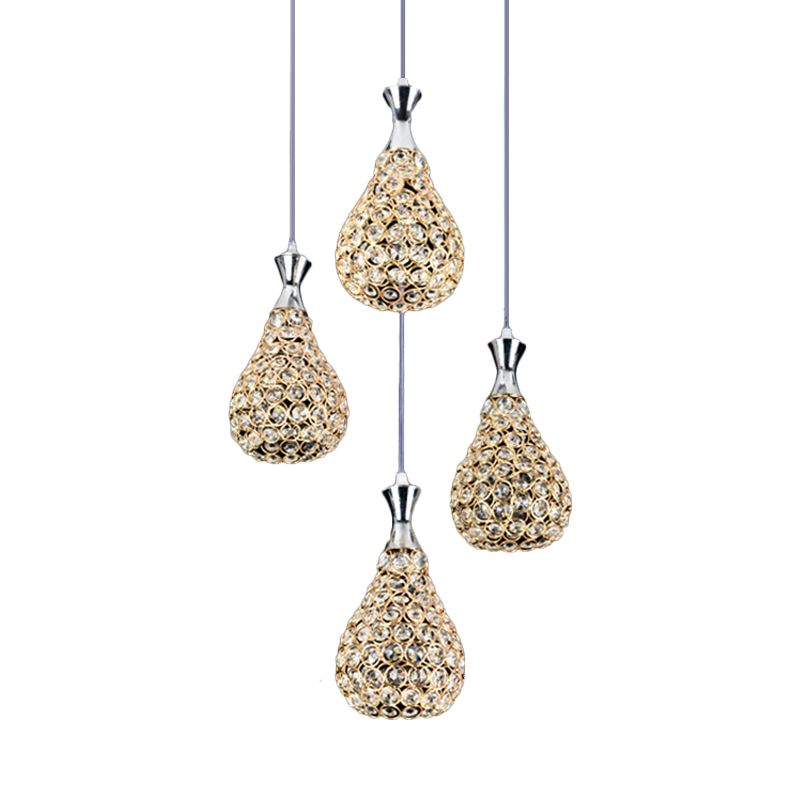 Crystal Teardrop Multi Pendant Light Contemporary 4 Bulbs Dining Room Suspension Lamp in Chrome/Gold