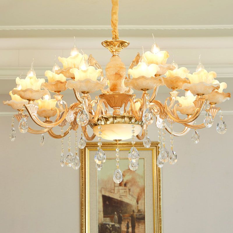 Floral Living Room Ceiling Pendant Rustic Jade Gold Chandelier Lighting Fixture with Crystal Draping