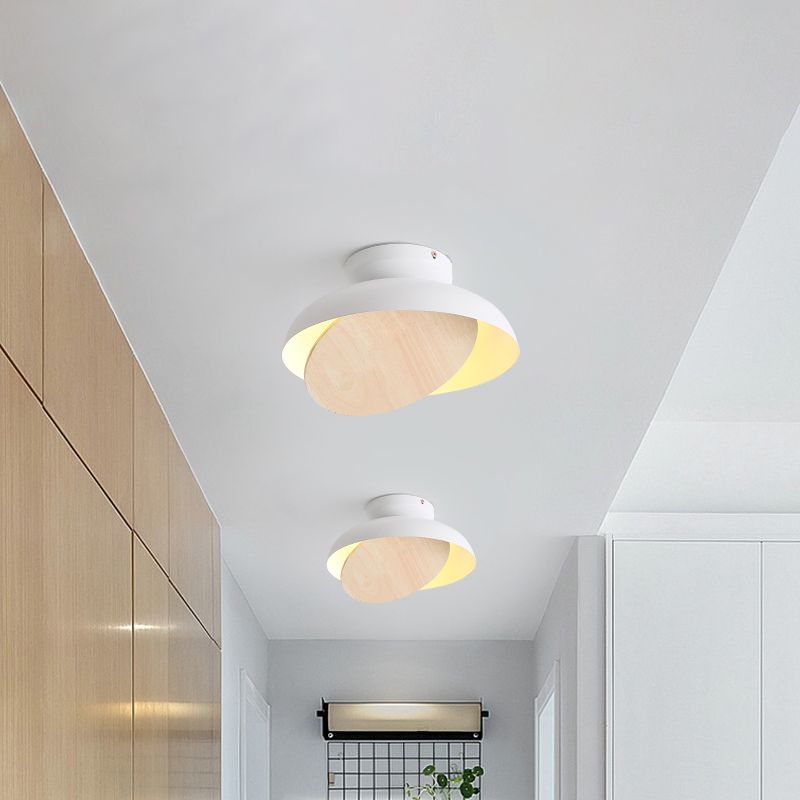 Macaron Shallow Bowl Iron Flush Mount LED Close to Ceiling Light with Mobile Wood Shield in Yellow/Pink/Green for Foyer