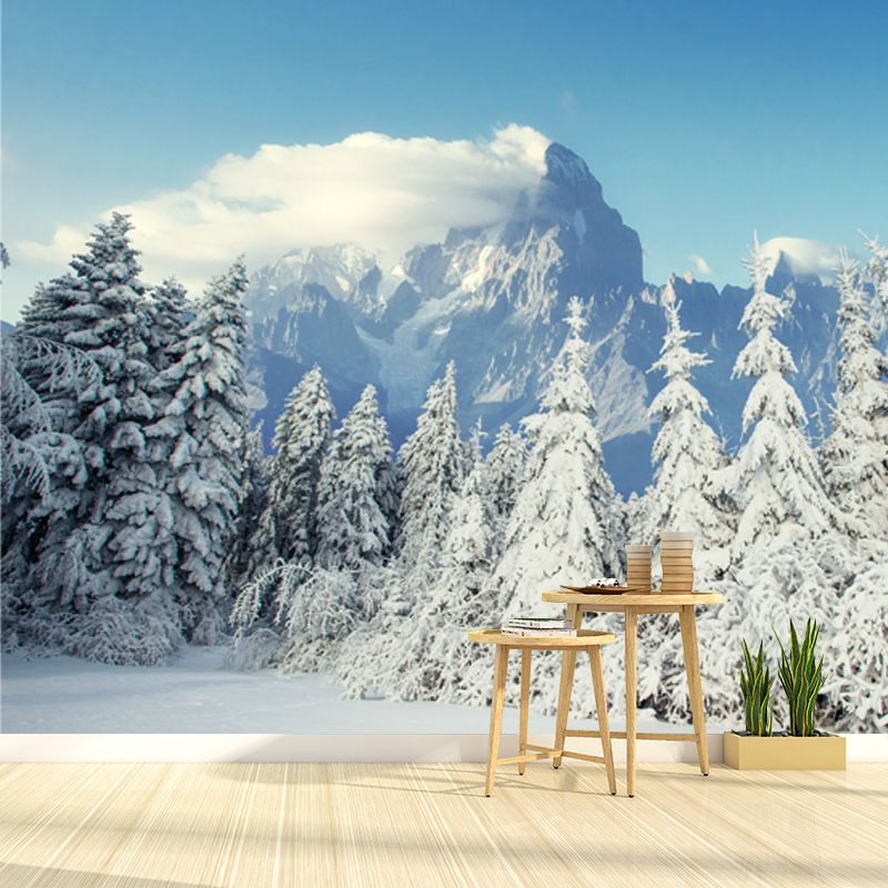 Winter Snow Cypress Scenery Mural Modern Non-Woven Fabric Wall Covering in White