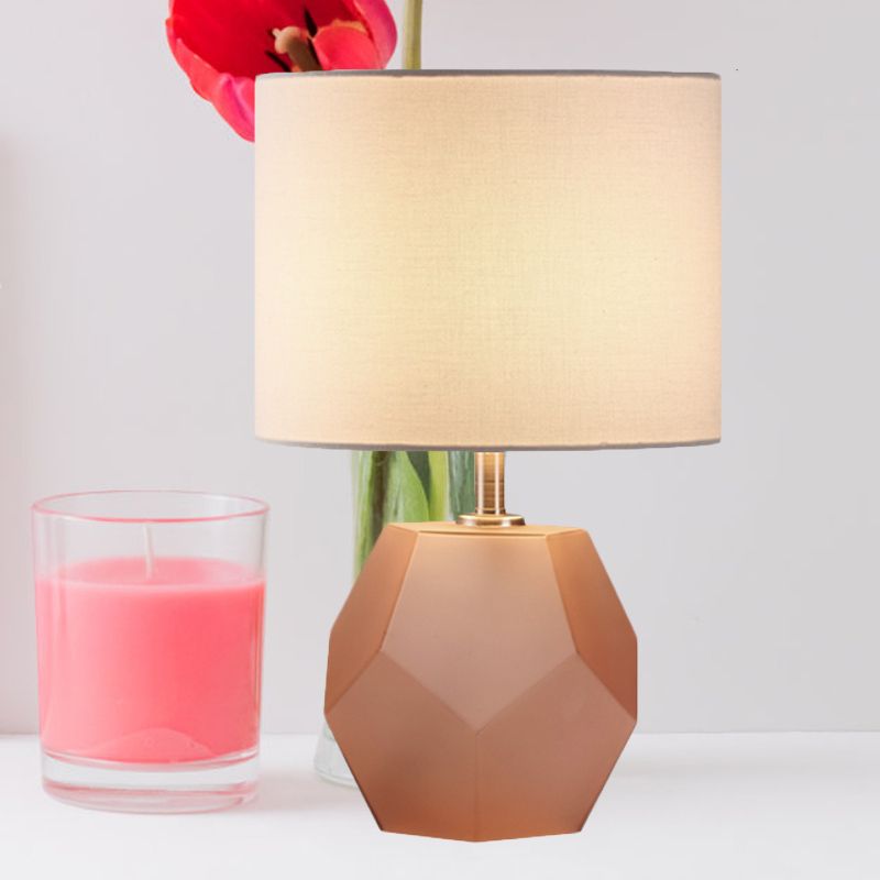 Single-Bulb 3D Hexagon Table Lamp Modern Grey/Pink/Yellow Glass Night Light with Drum Fabric Shade