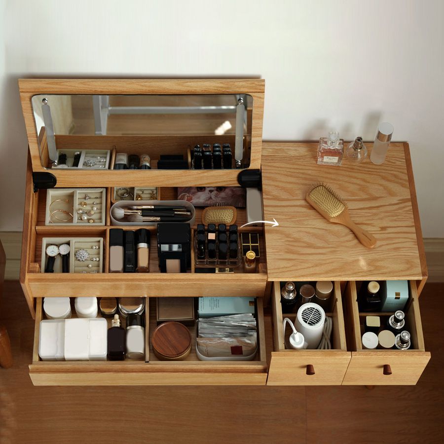 Scandinavian Dressing Table with Mirror and Drawer Solid Wood Vanity Desk