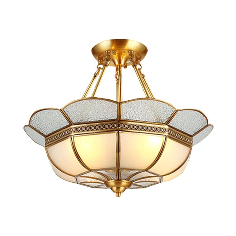 Traditional Scalloped Semi-Flush Light Fixture 4/6 Bulbs Metal Ceiling Mount in Brass for Bedroom, 18"/23.5" W