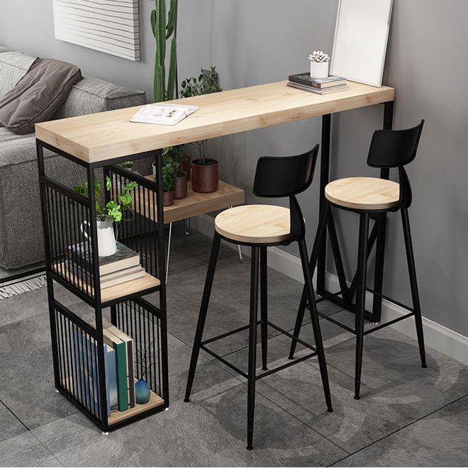 Natural Finish Solid Wood Top Bar Table Contemporary Metal Frame Pub Table