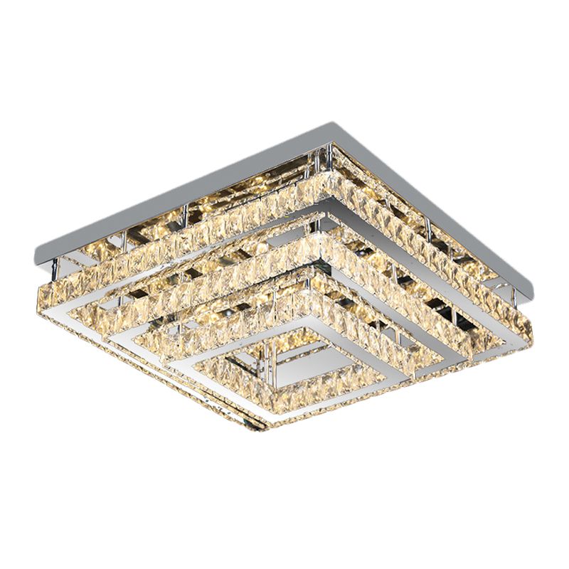 3-Tier Square Crystal Semi Flush Modernism Bedroom LED Close to Ceiling Light in Stainless Steel