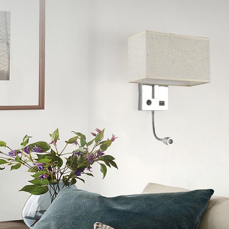 Adjustable Modern Metal Wall Sconce Rectangle Wall Light with Fabric Shade for Bedroom