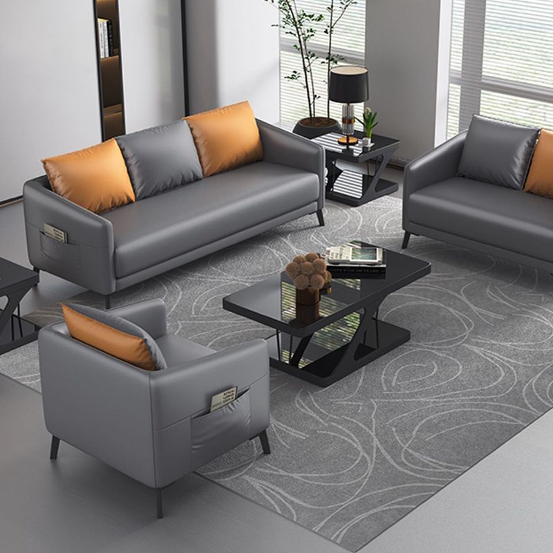 Mid-Century Modern 3-Seater Sofa Faux Leather Square Arm Sofa with Storage