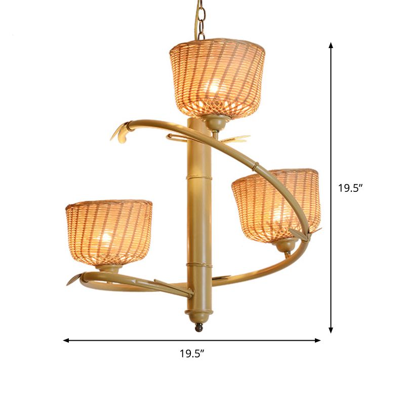 Spiral Bambus hängende Kronleuchter asiatische 3 Lampen Bebe up Deckenheizlicht mit Schüssel Rattan Schatten