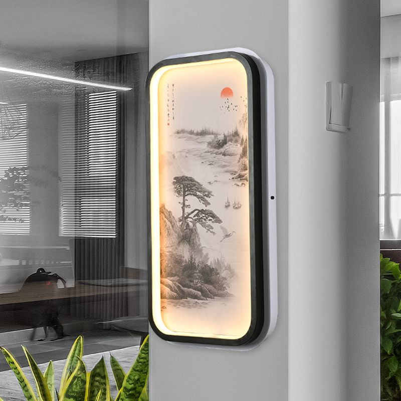 Oriental Rectangle Acrylic Pine Tree Mural Light LED Wall Lighting Idea in Black for Guest Room