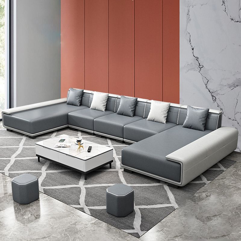 Faux Leather Sofa & Chaise with Pillows Modern U Sofa in Gray - 29.53" H