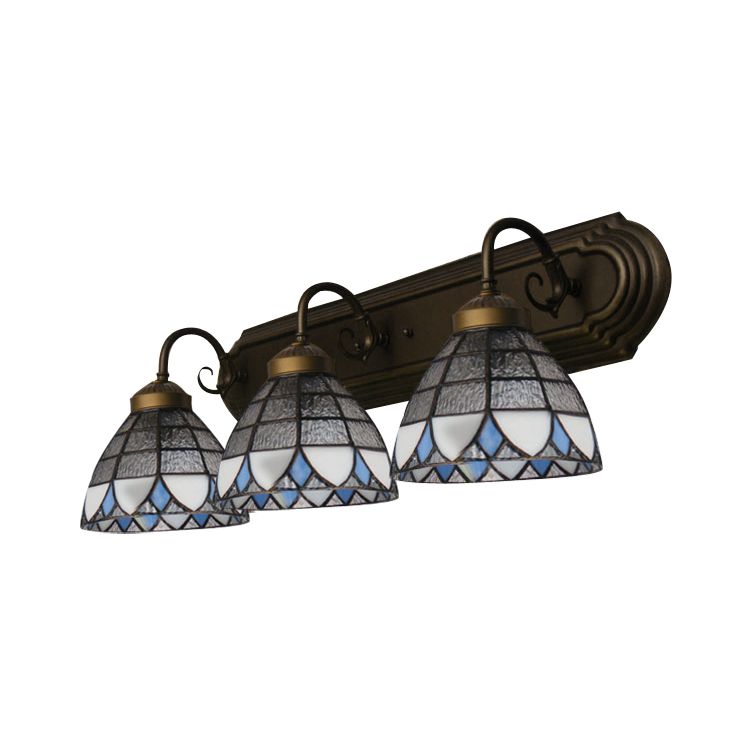 Dome Wall Mount Light with Curved/Arc Arm 3 Lights Stained Glass Vintage Vanity Light for Bathroom