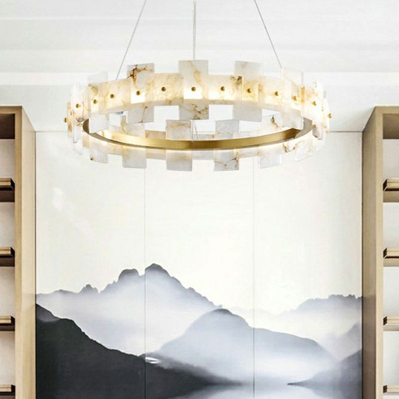 Marble Circle Hanging Lamp Minimalism White and Brass LED Pendant Light for Dining Room